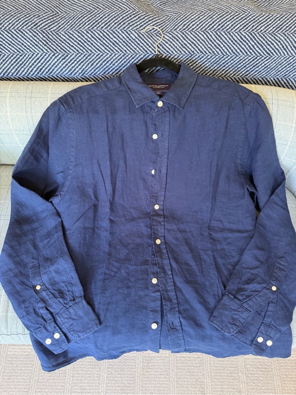 Charles Tyrwhitt Navy Linen Long-Sleeve Button-Down Shirt